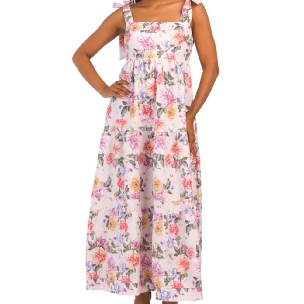 Anthropologie House of Harlow 1960 Floral Linen Tiered Dress with Ties